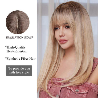 Lange Blonde Synthetische Perücke mit Pony für Frauen