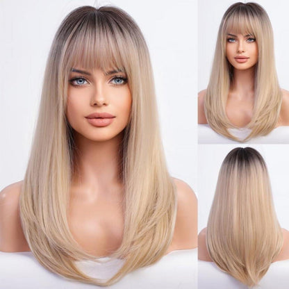 Blonde Lange Gerade Perücke Frauen Synthetisch Haar Pony Cosplay Party Tragen