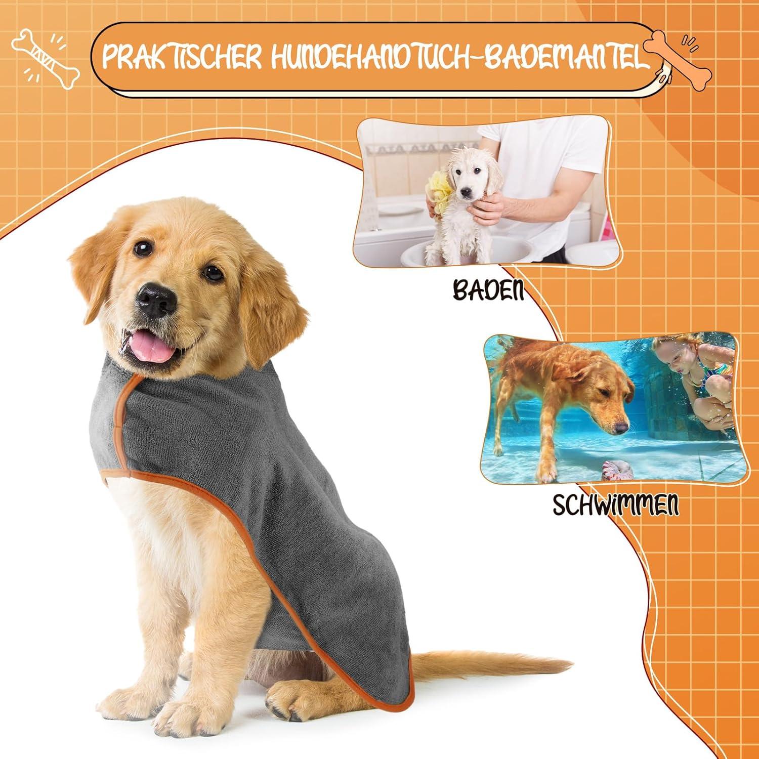 Hundebademantel Mikrofaser Saugfähig Trocknend Verstellbar Grau XS-XL