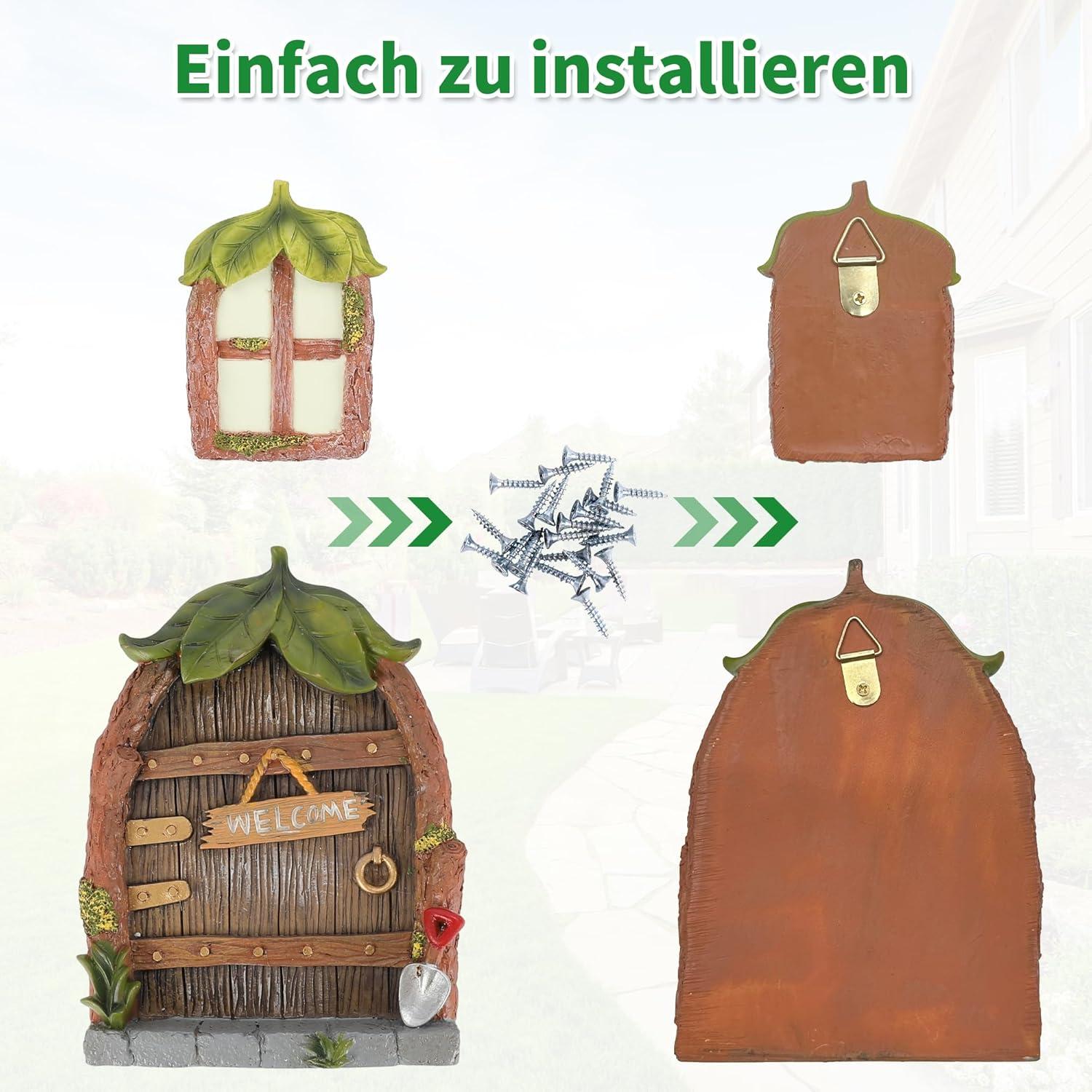 EDWINENE Feentür Miniatur Elfen-Tür für Bäumedekoration mit leuchtendem Pilz