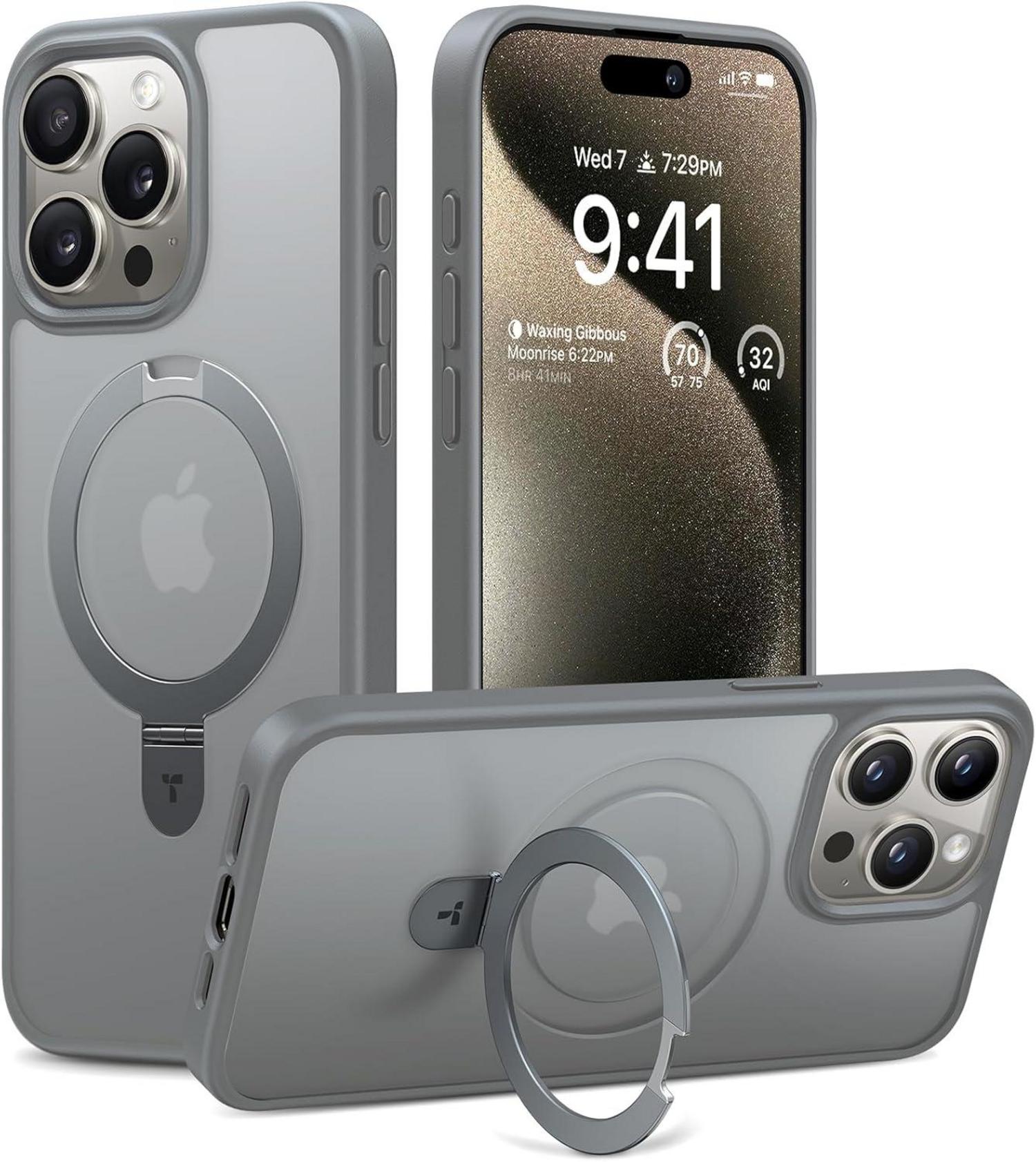 iPhone 15 Pro Hülle Magnetisch Stoßfest mit Ständer - Grau