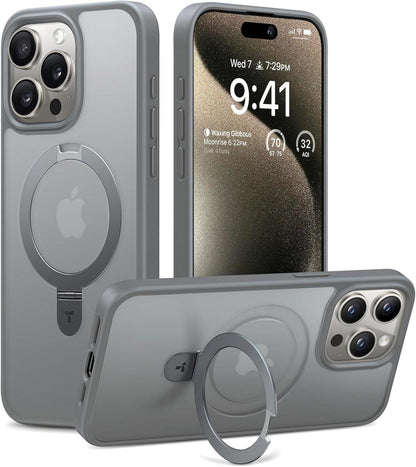 iPhone 15 Pro Hülle Magnetisch Stoßfest mit Ständer - Grau