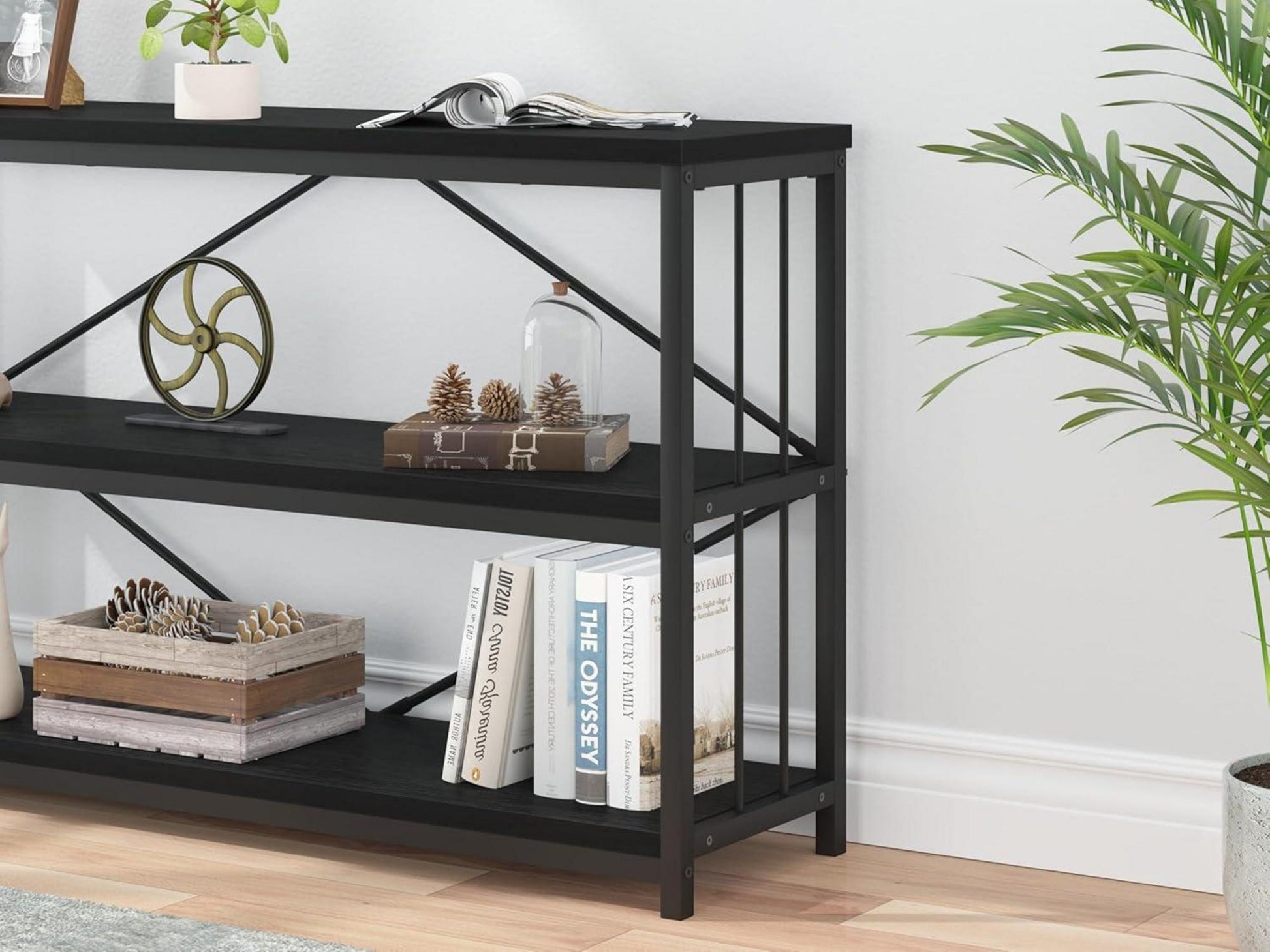 LVB Konsolentisch Holz 3 Ebenen Bücherregal Schwarz 120x34x74 cm