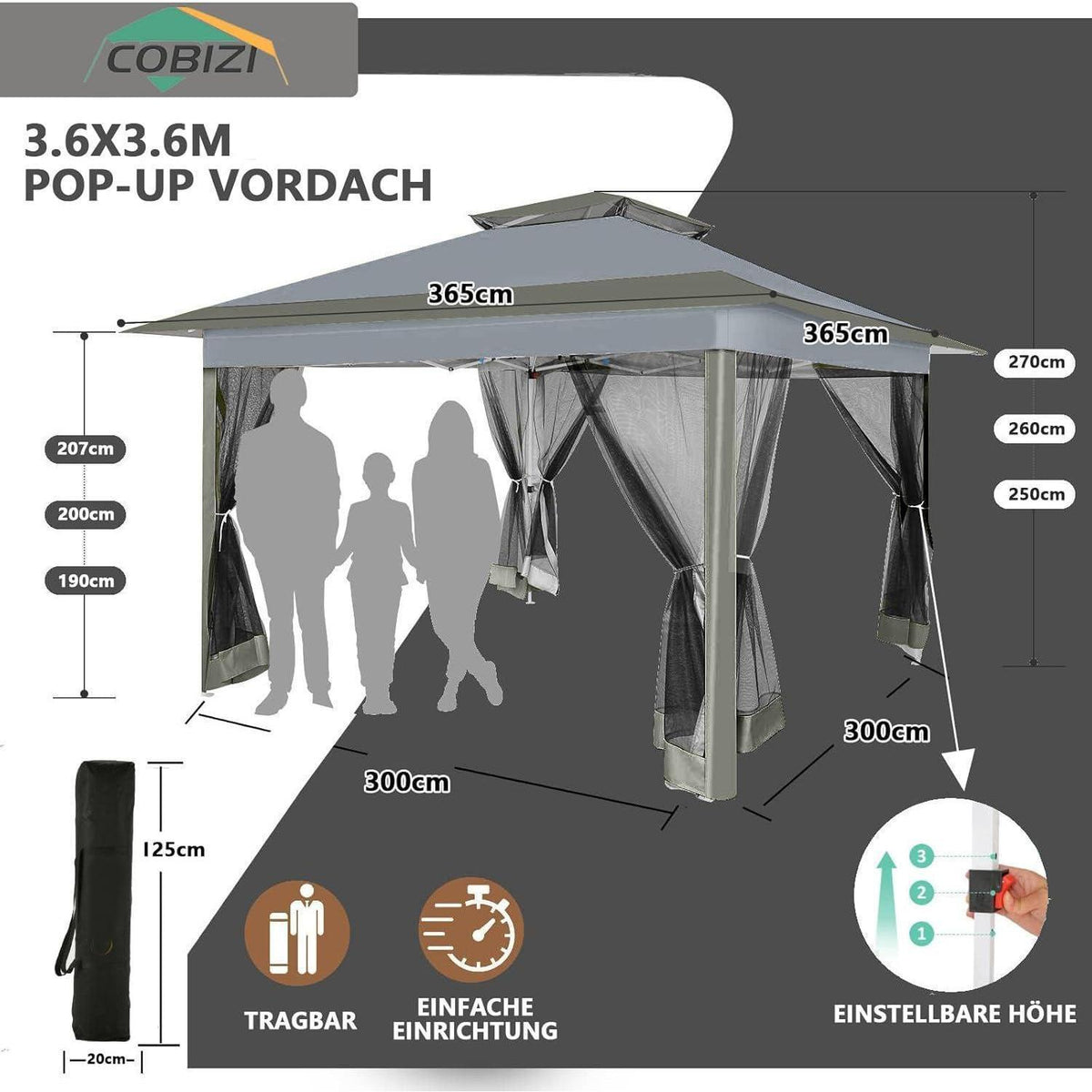 3x3 Gartenpavillon wasserdicht, Pop-Up mit Moskitonetz