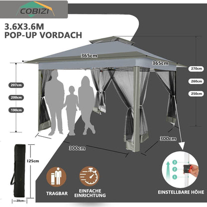3x3 Gartenpavillon wasserdicht, Pop-Up mit Moskitonetz