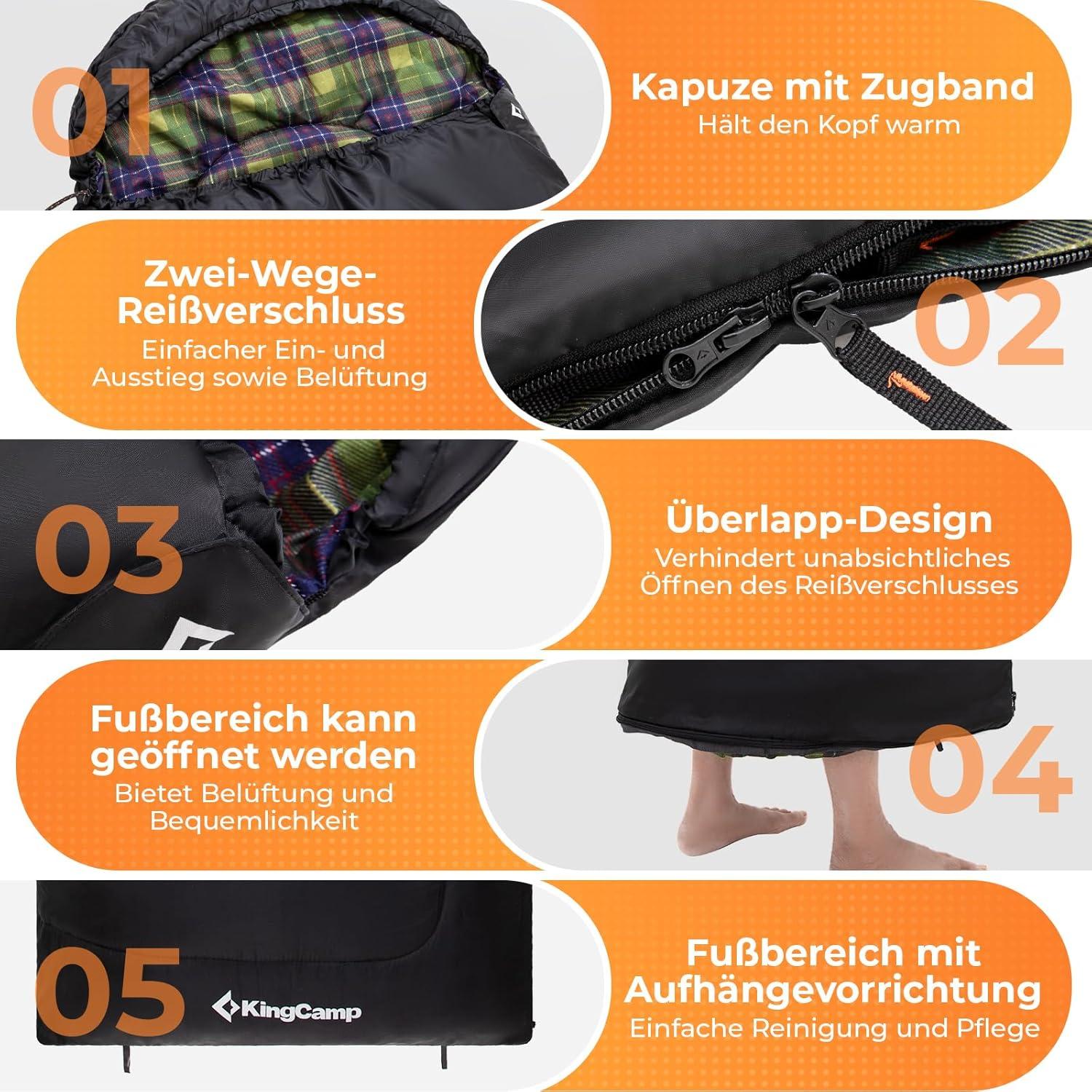 Schlafsack KingCamp Outdoor Baumwoll-Touch-Innenfutter 220x75cm Schwarz