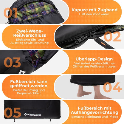 Schlafsack KingCamp Outdoor Baumwoll-Touch-Innenfutter 220x75cm Schwarz