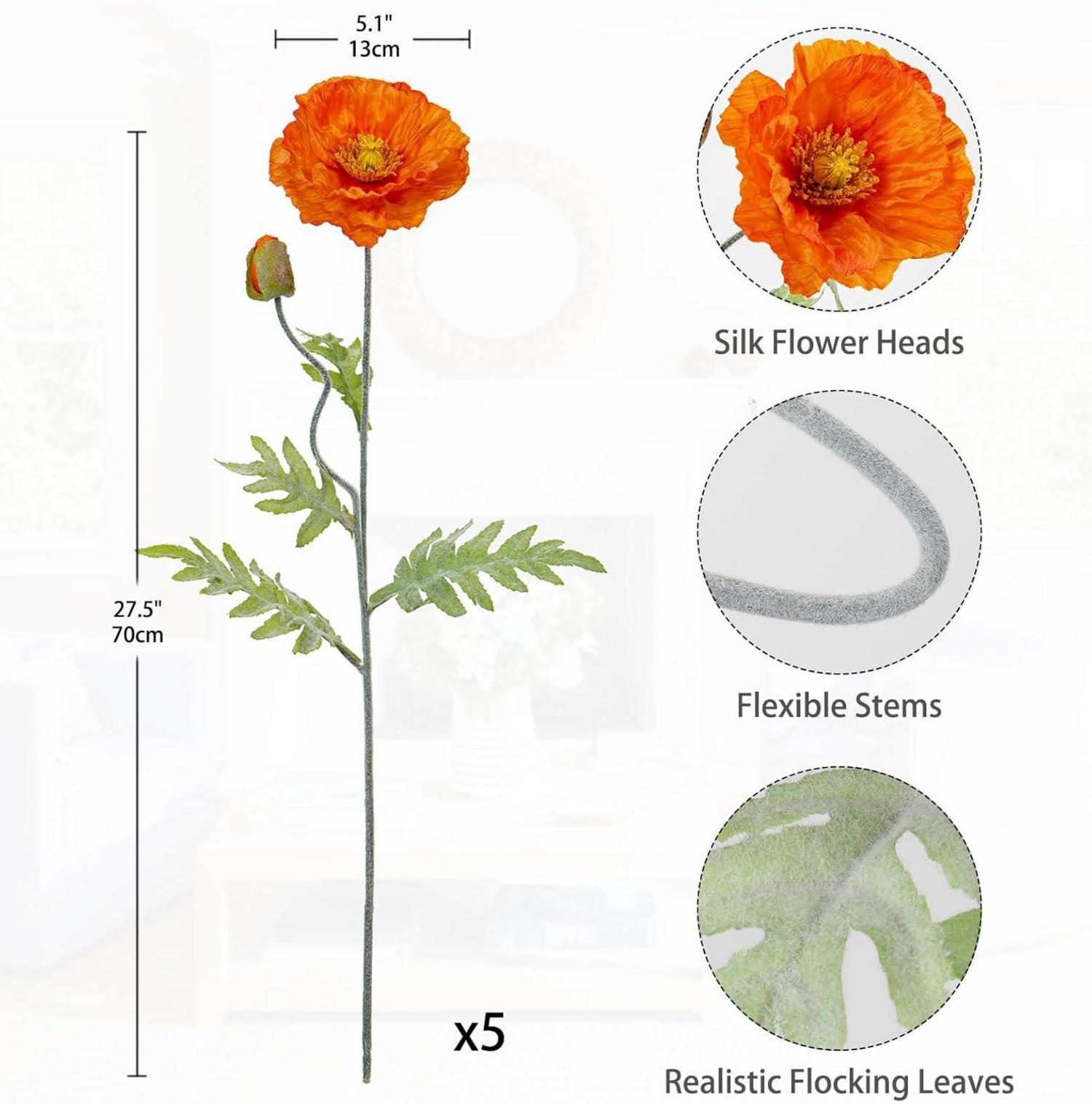 5er Set Künstliche Mohnblumen Deko Blumenstrauß Orange 70cm