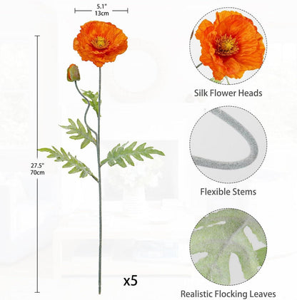 5er Set Künstliche Mohnblumen Deko Blumenstrauß Orange 70cm
