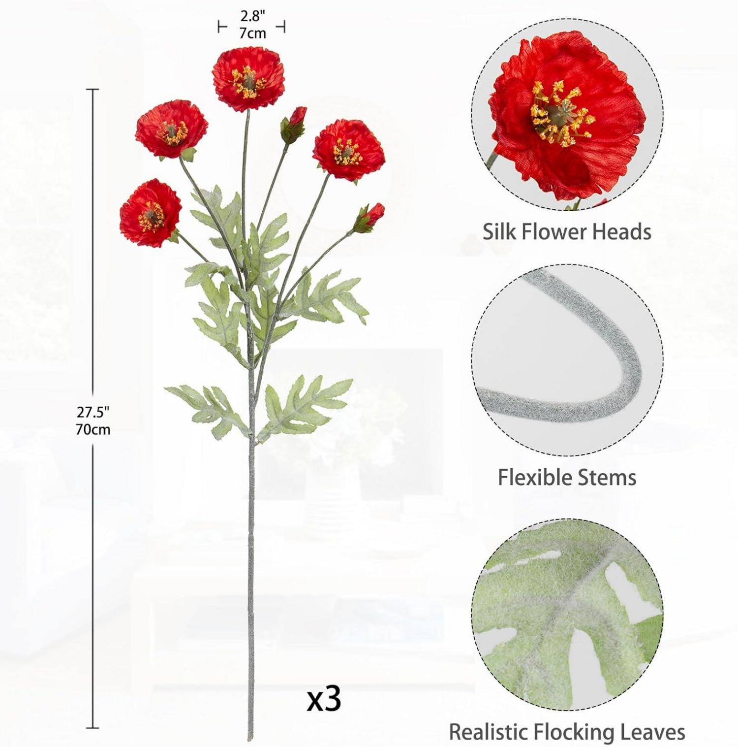 Künstliche Mohnblume Dekoblumen Set 3er, Wie Echt, Höhe 70cm