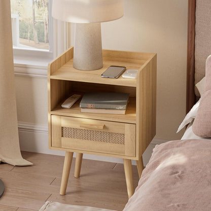 Nachttisch Rattan Beistelltisch Schublade Holz Beine Natur Eiche