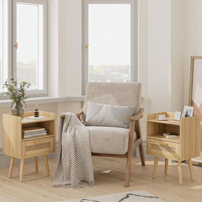 Nachttisch Rattan Beistelltisch Schublade Nachtkommode Holz Beine Schw