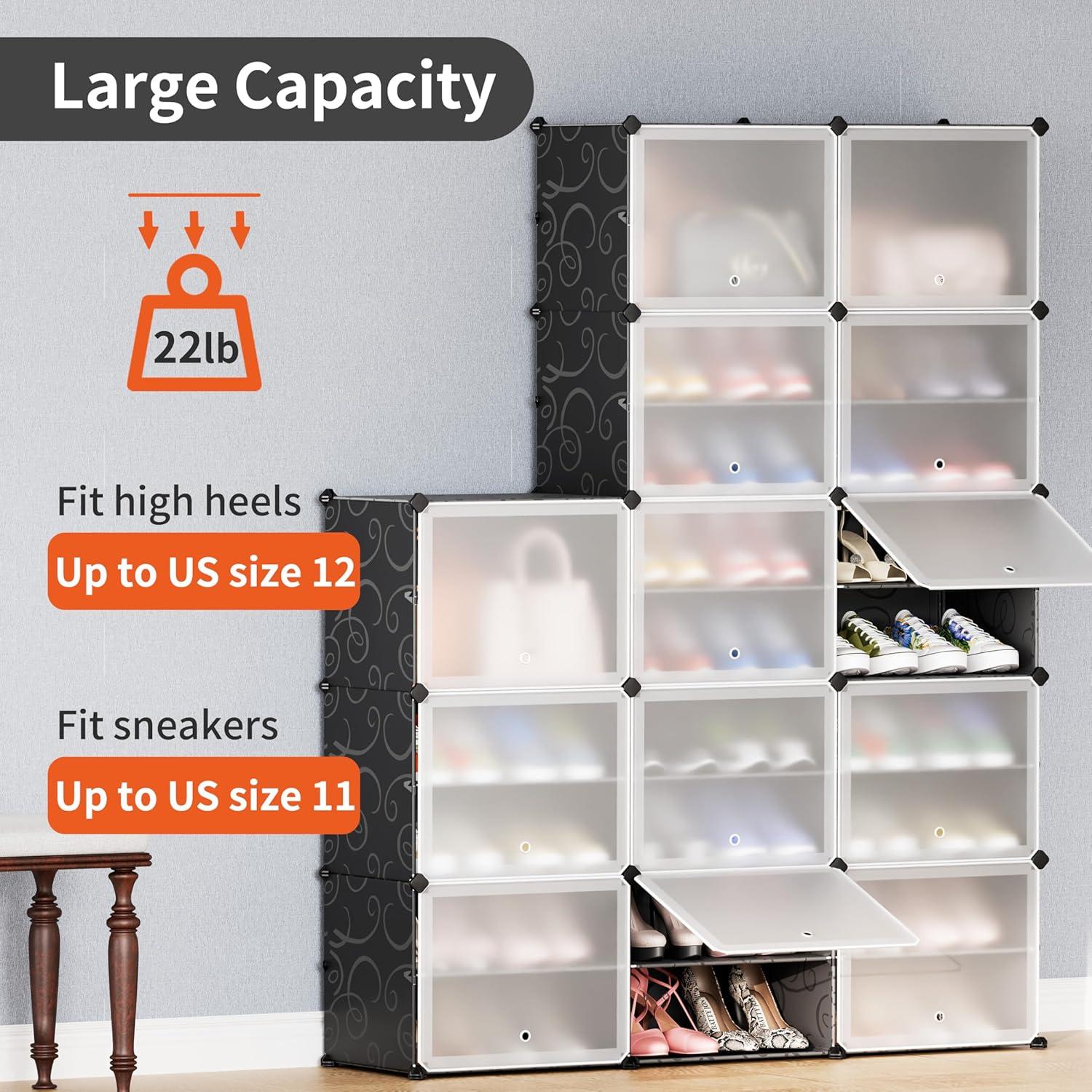 Tragbarer Schuhschrank Schwarz mit Transparenter Tür 2x8, DIY Modularer