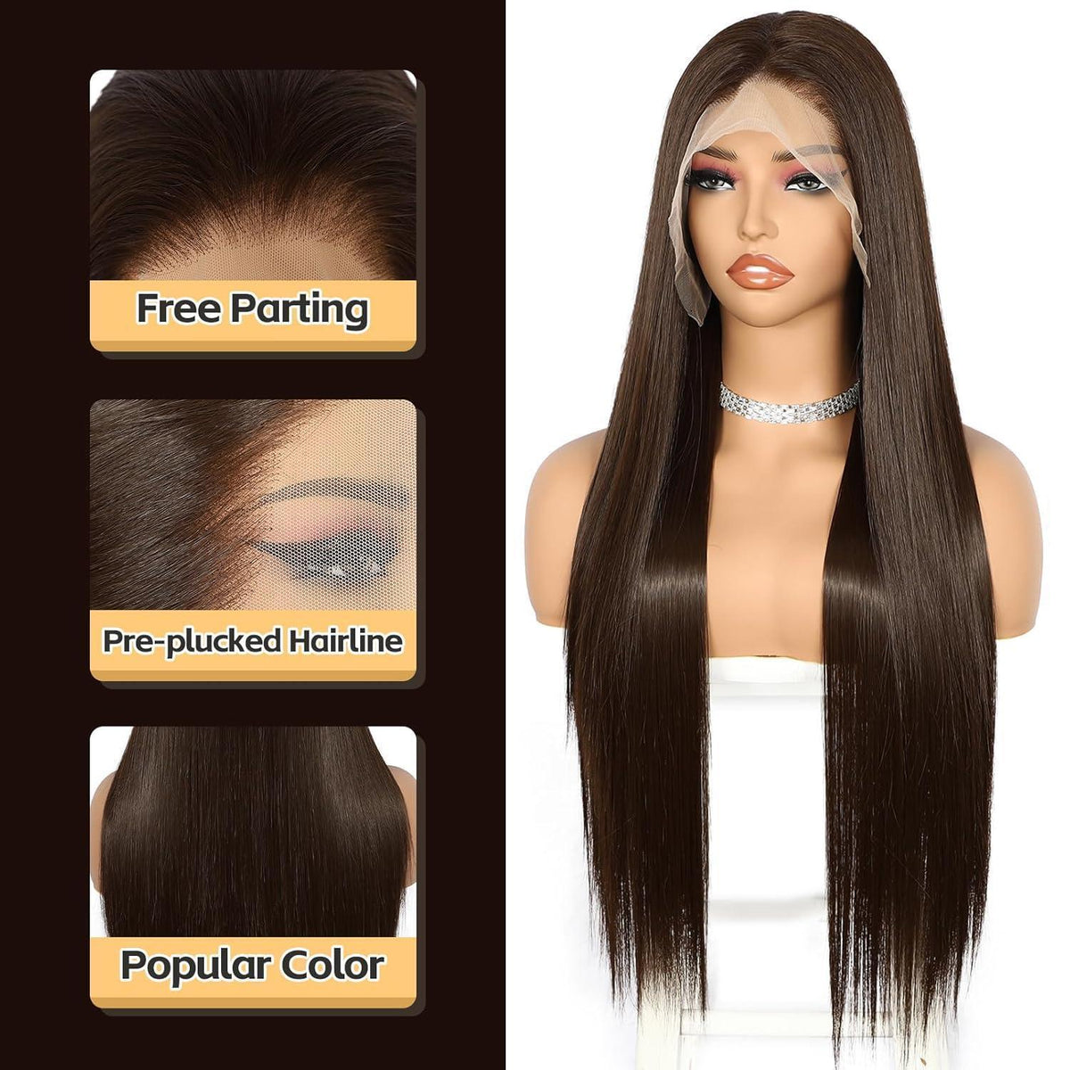 Braune Lange Gerade Perücke 13x6 Lace Front Synthetik 26 Zoll