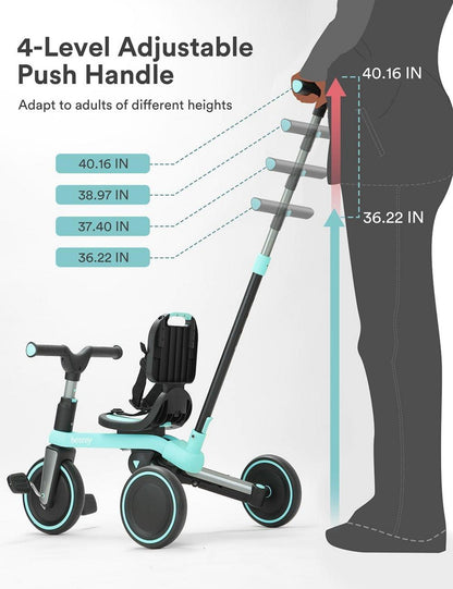 Kleinkindfahrrad mit Elternlenker, faltbar, abnehmbare Pedalen, höhenverstellbar, Blau