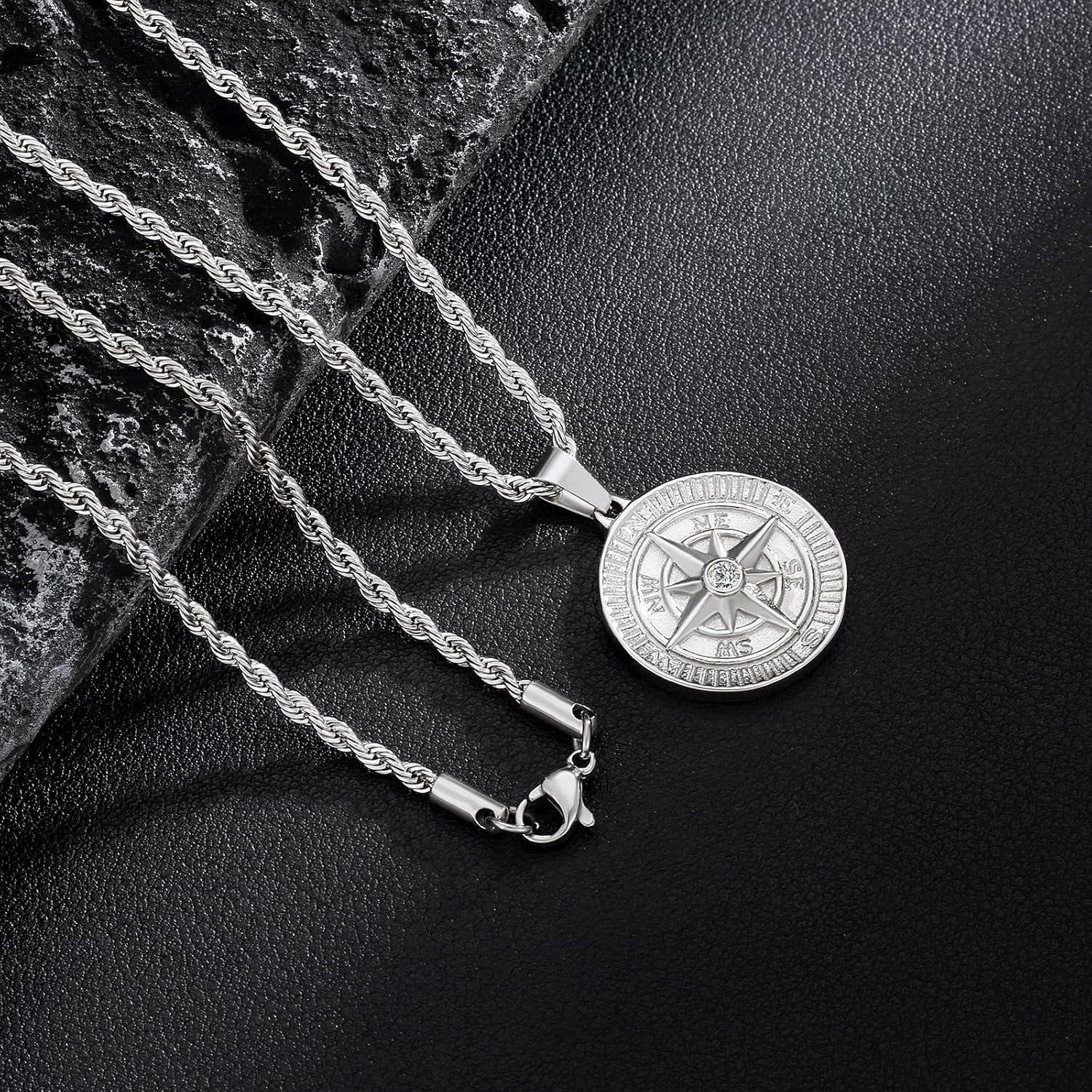 Herren Kompass Anhänger Kette Silber 2,5mm 55,9cm 316L Edelstahl 18K vergoldet