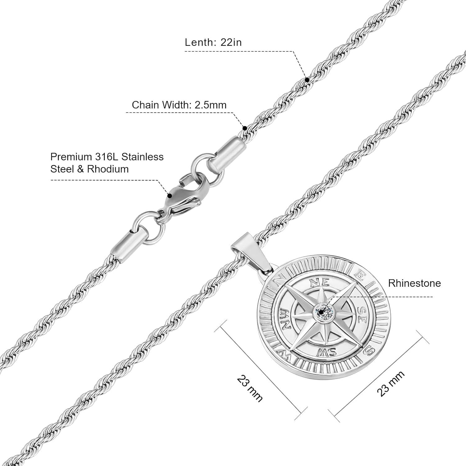 Herren Kette mit Kompass Anhänger 18K vergoldet 55,9cm Edelstahl Silber