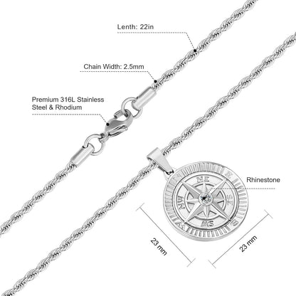 Herren Kette mit Kompass Anhänger 18K vergoldet 55,9cm Edelstahl Silber