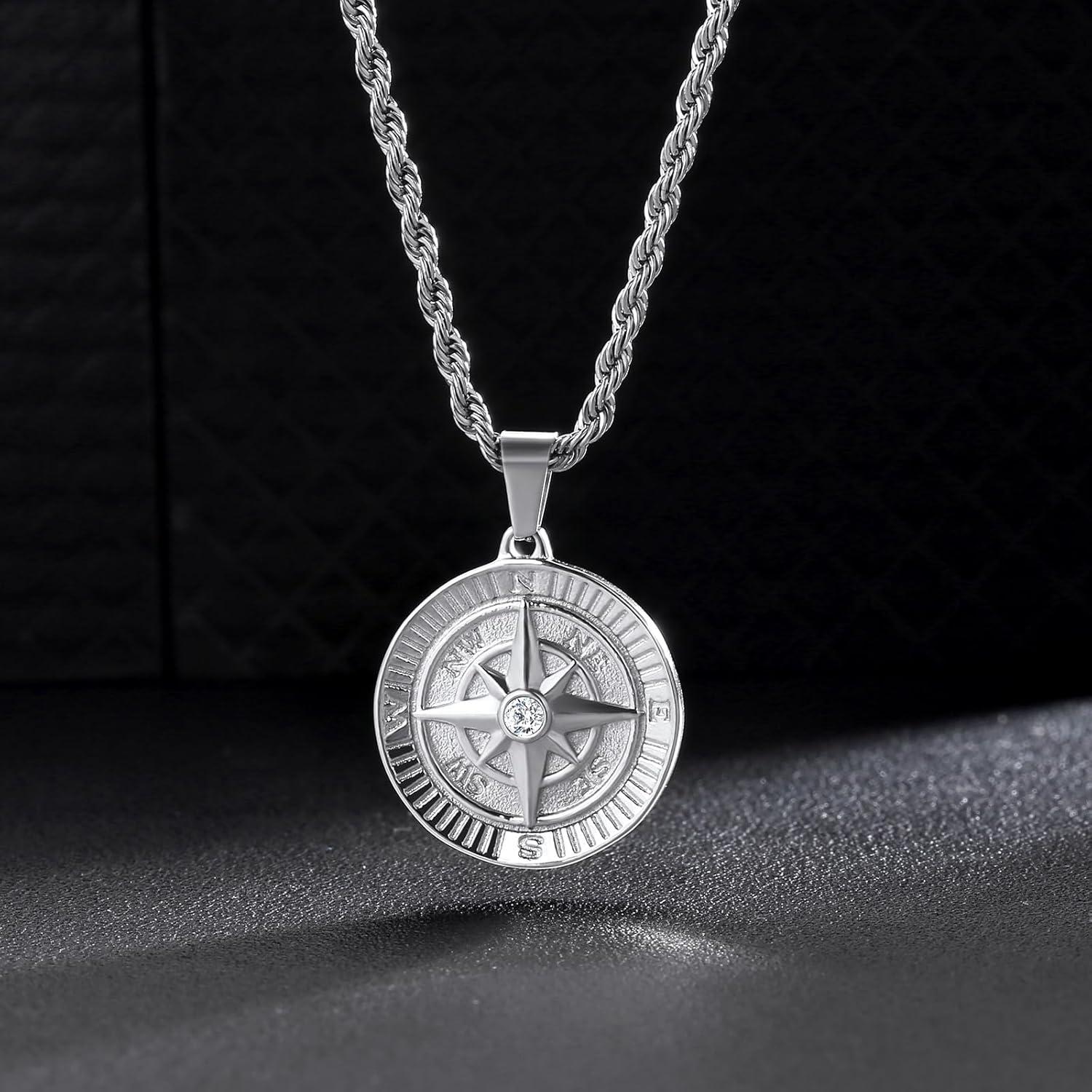 Herren Kette mit Kompass Anhänger 18K vergoldet 55,9cm Edelstahl Silber