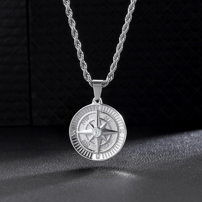 Herren Kette mit Kompass Anhänger 18K vergoldet 55,9cm Edelstahl Silber