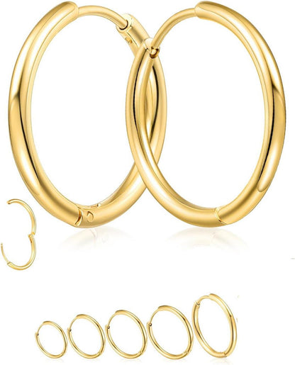 Edelstahl Damen Creolen Set 5 Paar 14K Gold Vergoldet 8mm 10mm 12mm 14mm 16mm