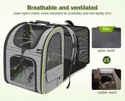 Pecute Haustier Rucksack mit Netzfenster, Erweiterbarer Platz, Tragbare Katzentasche, Atmungsaktiv, Wasserdicht, Grau L