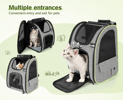 Pecute Haustier Rucksack mit Netzfenster, Erweiterbarer Platz, Tragbare Katzentasche, Atmungsaktiv, Wasserdicht, Grau L