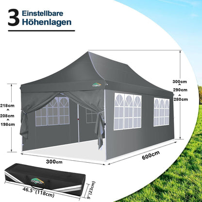 3x6m Faltpavillon Wasserdicht mit Seitenwänden – Partyzelt für Garten