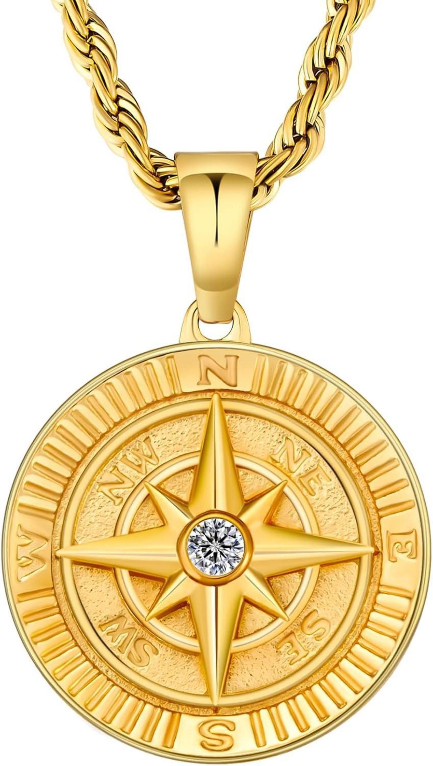 Goldene Herren Kompass-Kette mit Münzanhänger 2,5mm 55,9cm