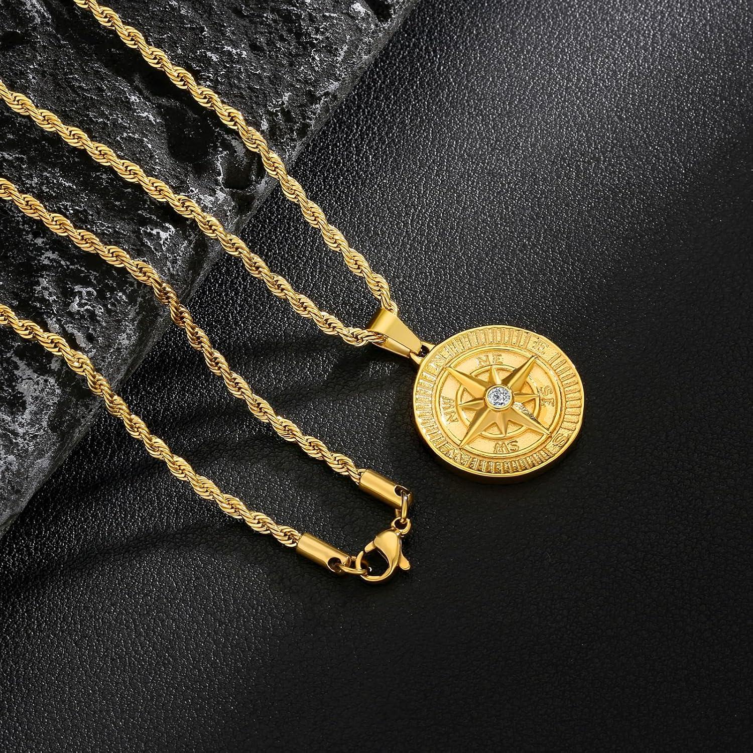 Herren Kompass Anhänger Kette 18K vergoldet Edelstahl 55,9cm Goldkette