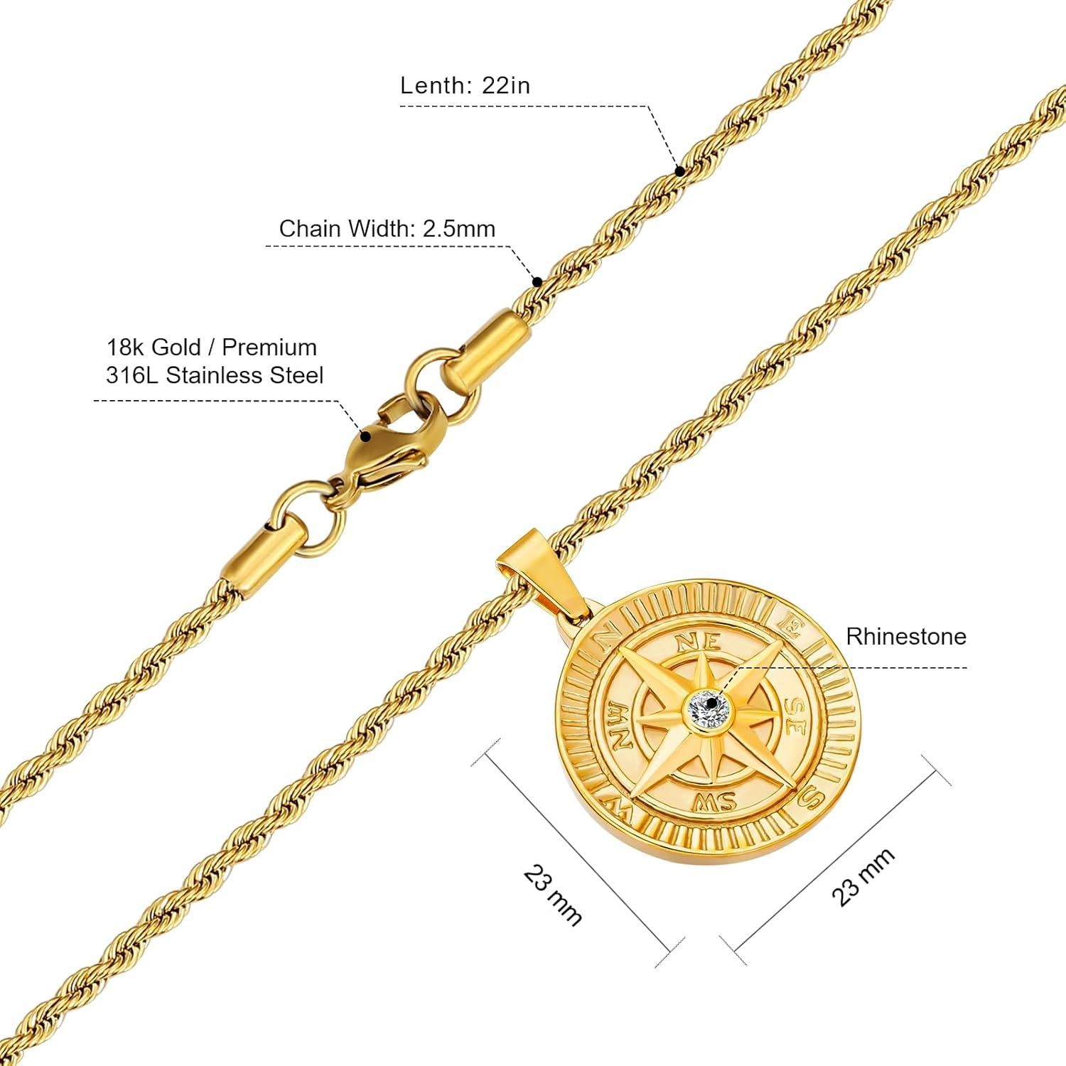 18K vergoldete Herren Kompass Kette 55,9cm Zirkonia Anhänger
