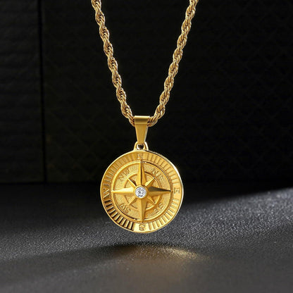 18K vergoldete Herren Kompass Kette 55,9cm Zirkonia Anhänger