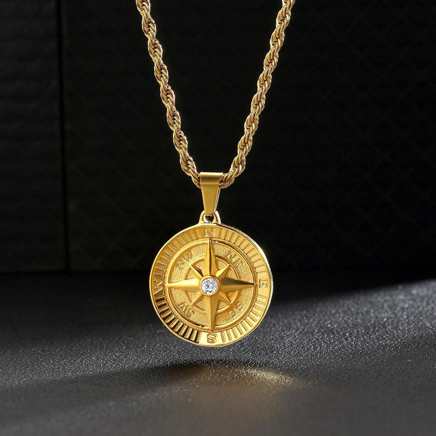 18K vergoldete Herren Kompass Kette 55,9cm Zirkonia Anhänger
