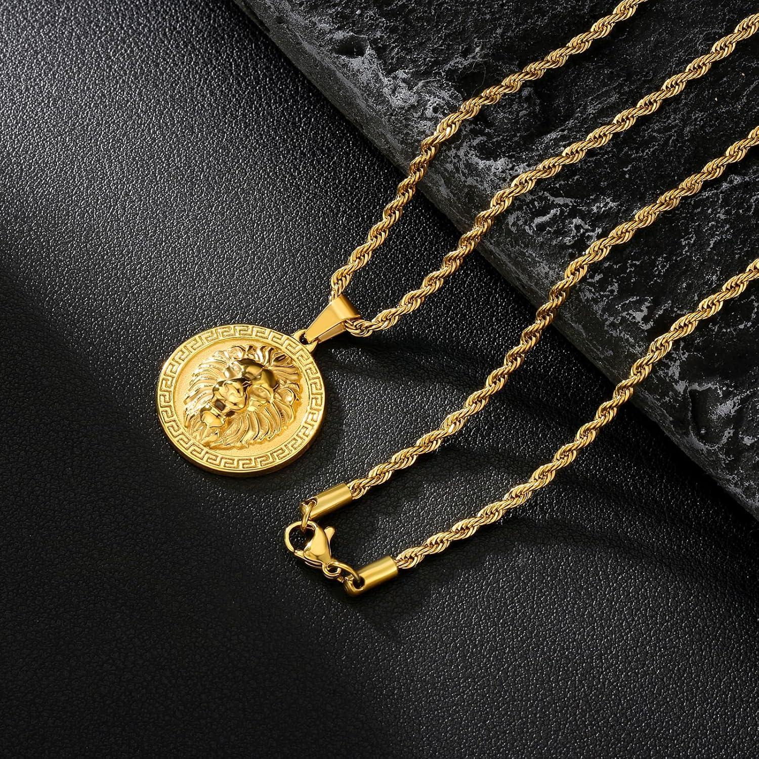 Herren Kordelkette mit Löwen Medaillon Anhänger Gold 55,9cm