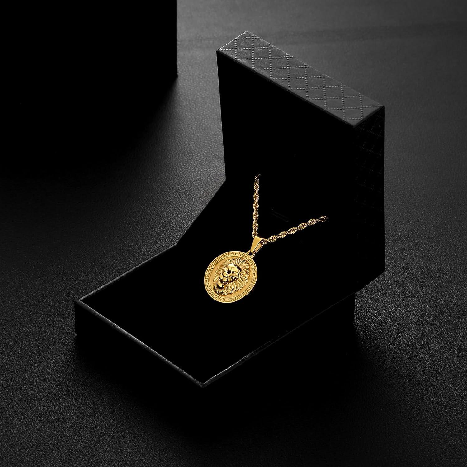 Herren Kette Münze Anhänger Löwe 2,5mm Goldkette 55,9cm Edelstahl
