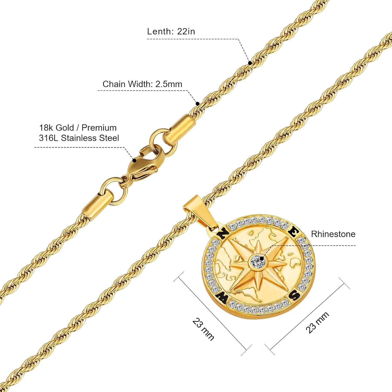 KRKC&CO Herren Kette mit Kompass Anhänger Goldkette 55,9cm Silberkette