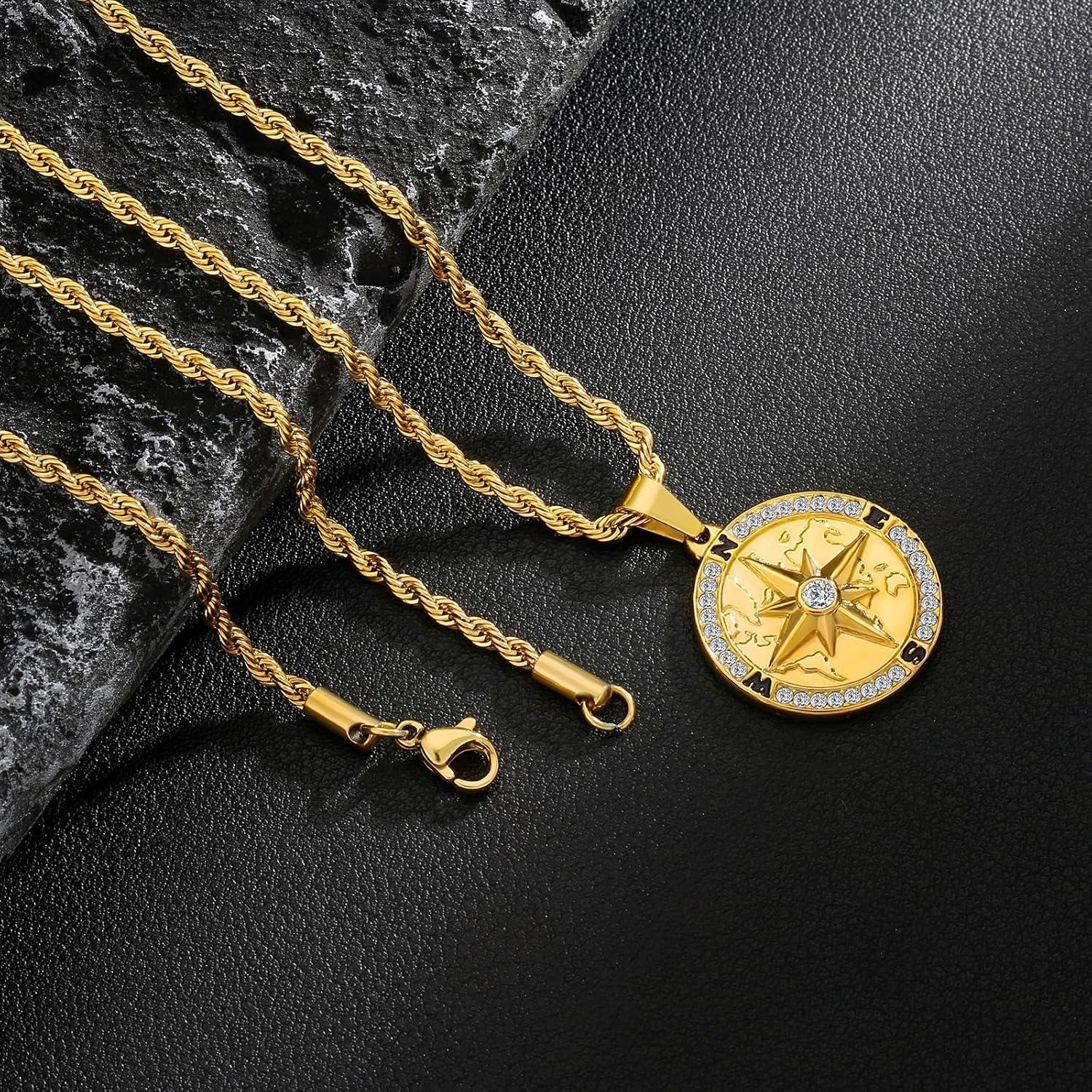 Herren Kompass Anhänger Kette 18K vergoldet 55,9cm Golden Landkarte