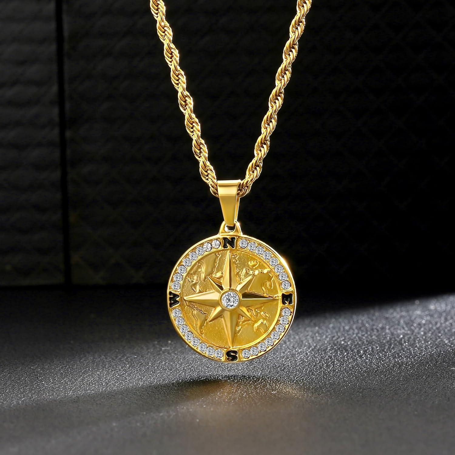 Herren Kompass Anhänger Kette 18K vergoldet 55,9cm Golden Landkarte