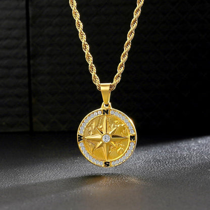 Herren Kompass Anhänger Kette 18K vergoldet 55,9cm Golden Landkarte