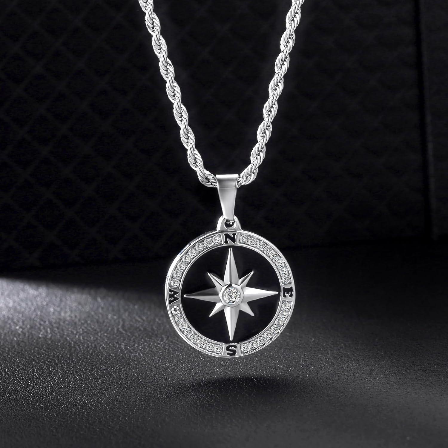 Herren Kompass Anhänger Halskette 55,9cm 316L Edelstahl Silber Gold Biocolor