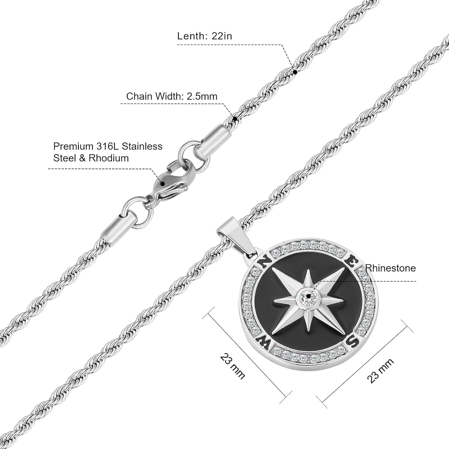 Herren Kette Kompass Anhänger Löwe Jesus Gold Silber 2,5mm 55,9cm