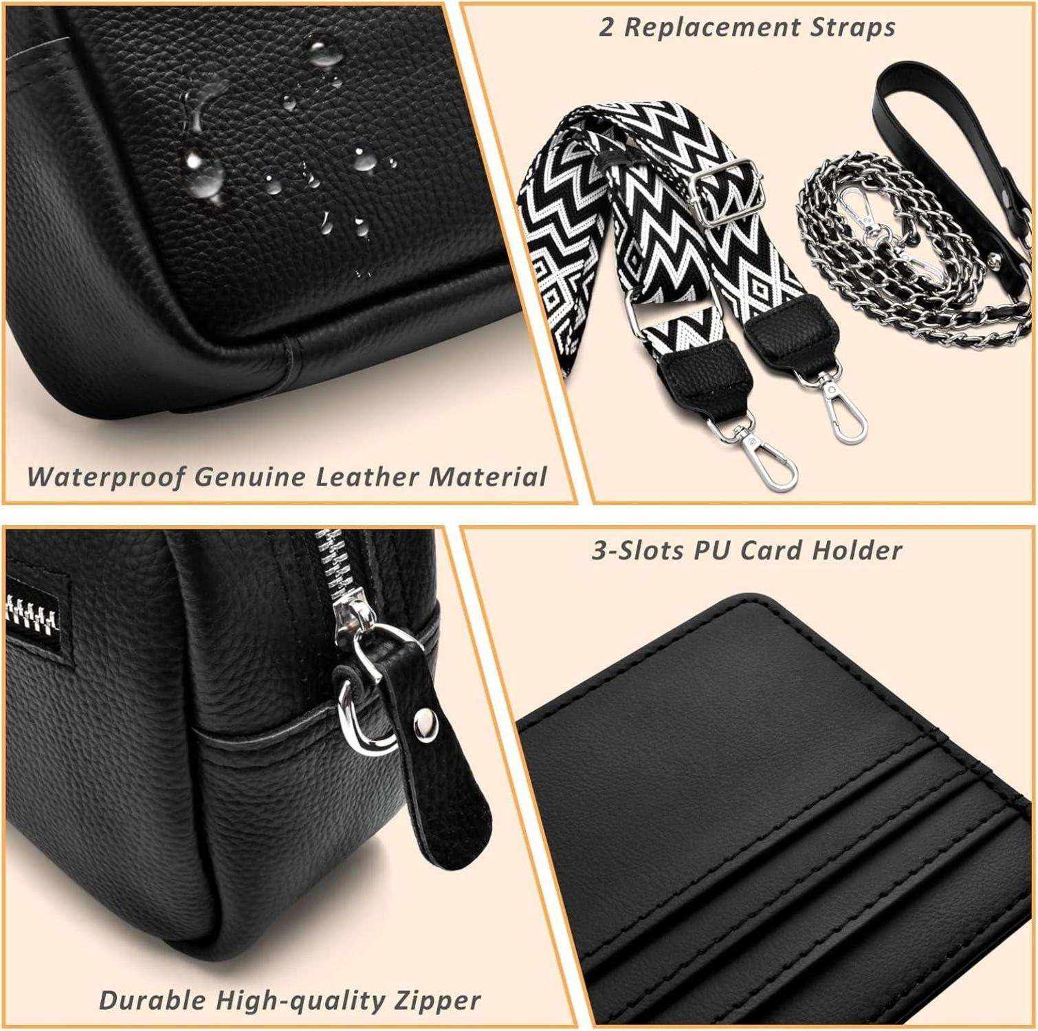 Echtes Leder Umhängetasche Damen Crossbody Bag 3 Fächer & Kartenhalter, Schwarz
