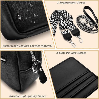 Echtes Leder Umhängetasche Damen Crossbody Bag 3 Fächer & Kartenhalter, Schwarz
