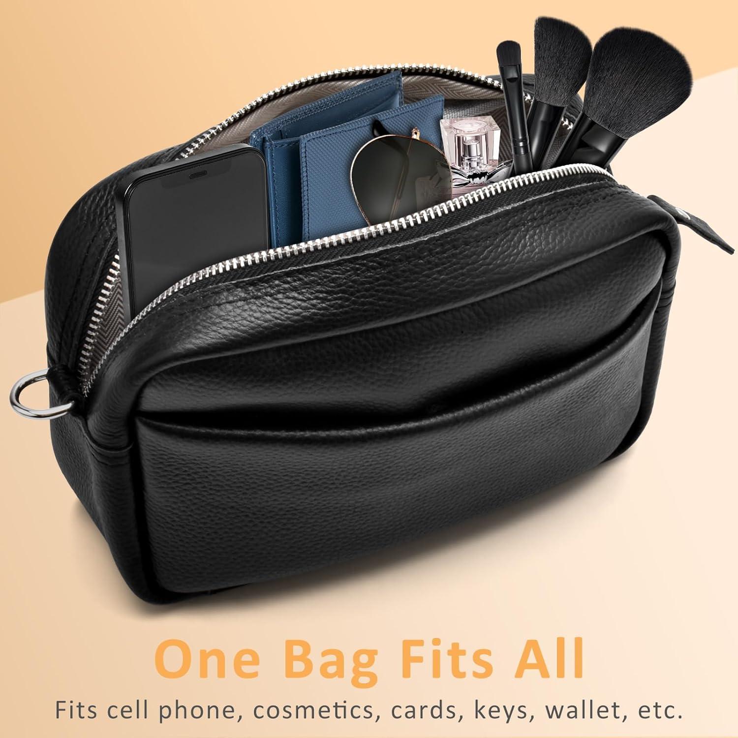 Handy Umhängetasche Echtes Leder Crossbody Bag Damen Schwarz 3 Fächer