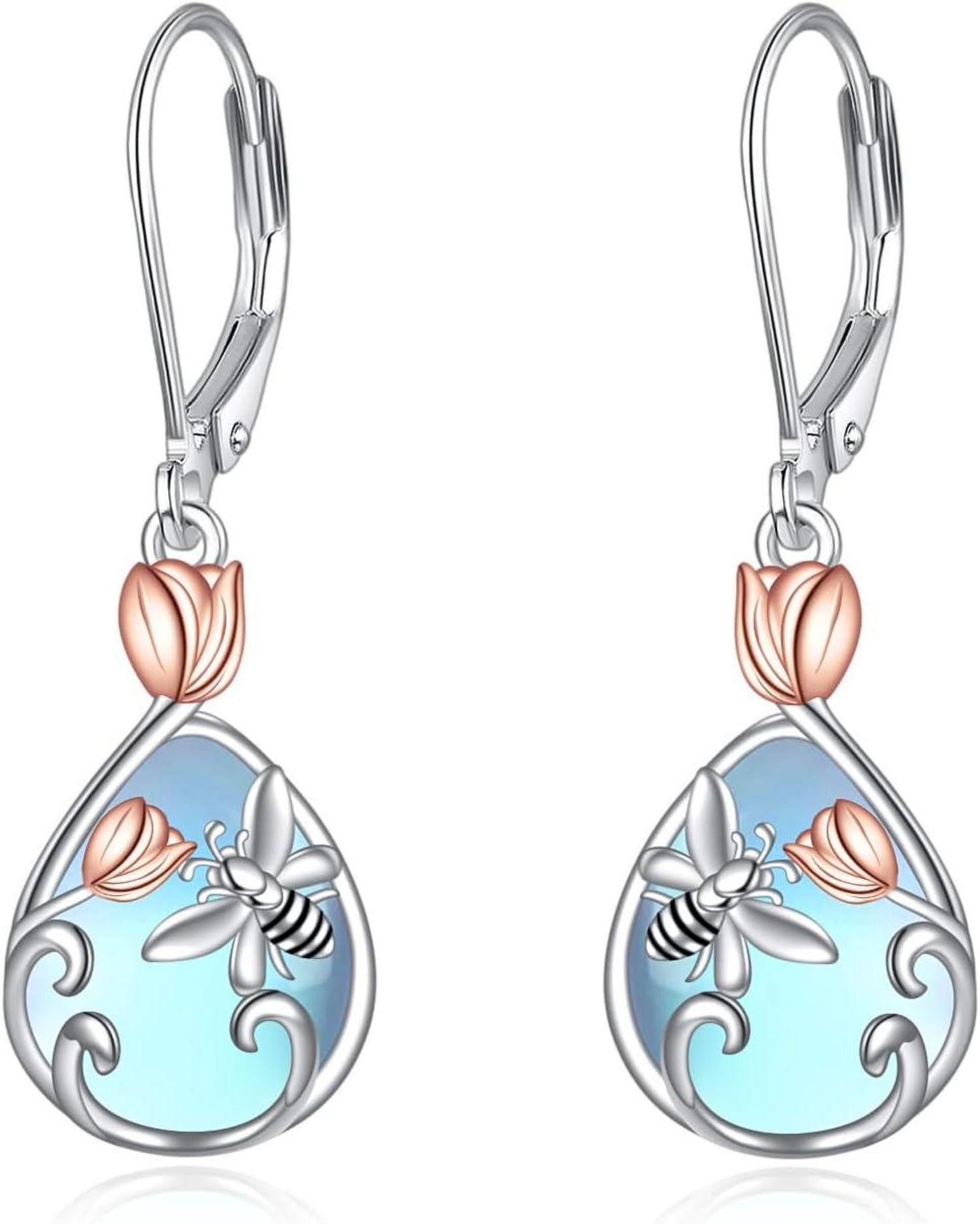 925 Sterling Silber Bienen Ohrringe mit Mondstein und Tulpe