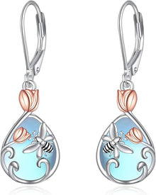 925 Sterling Silber Bienen Ohrringe mit Mondstein und Tulpe
