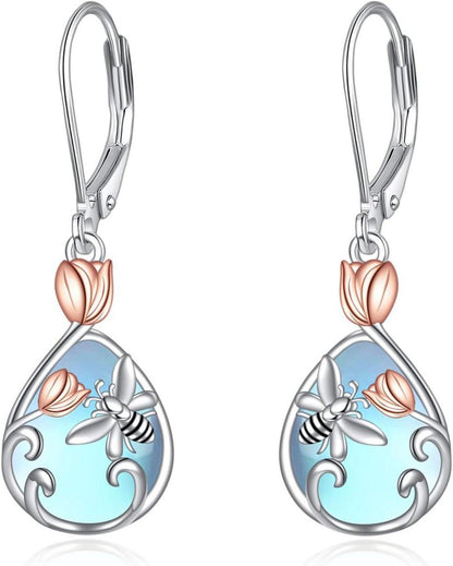 925 Sterling Silber Bienen Ohrringe mit Mondstein und Tulpe