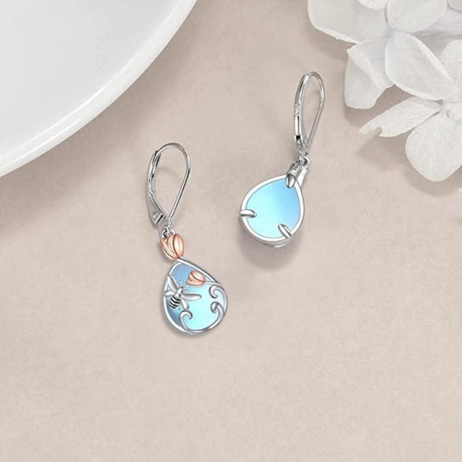 Bienen Ohrringe 925 Sterling Silber Tulpe Mondstein Ohrringe