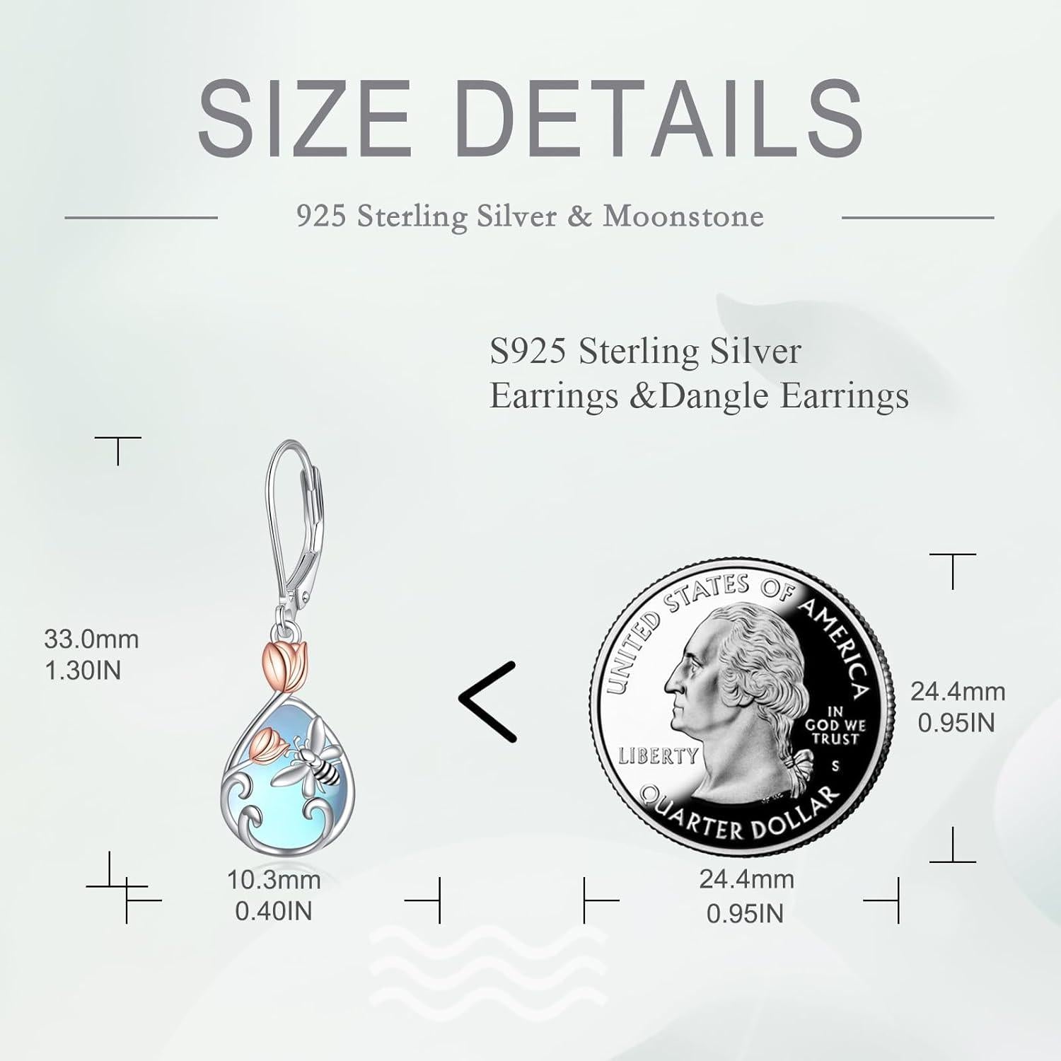 925 Sterling Silber Bienen Ohrringe mit Mondstein und Tulpe