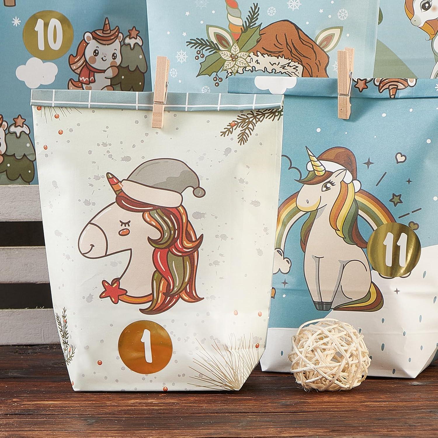 Adventskalender Einhorn Motiv 24 bedruckte Tüten zum Befüllen